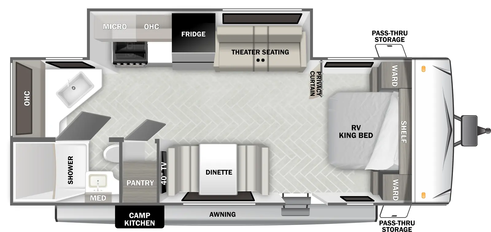 The T2200 has one slideout and one entry. Exterior features front pass-thru storage, awning, and camp kitchen. Interior layout front to back: foot-facing RV king bed with shelf overhead, wardrobes on each side, and privacy curtain; off-door side slideout with theater seating, refrigerator, kitchen counter with cooktop, overhead cabinet, and microwave; door side entry, dinette, TV, and pantry; rear off-door side kitchen counter with sink and overhead cabinet; rear door side full bathroom with medicine cabinet.